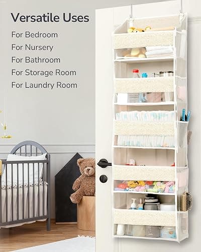 ULG 1 Pack Over Door Organizer with 5 Large Pockets 10 Mesh Side Pockets, Upgraded Linen Texture Over The Door Storage, 44 lbs Weight Capacity Hanging Storage Organizer, Ivory thumbnail 8
