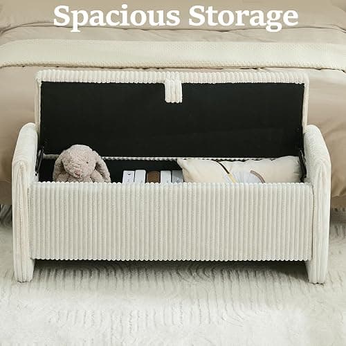 WUTUTUEE 44'' Corduroy Storage Ottoman Bench, Upholstered Storage Bench End of Bed for Bedroom, Linear Bed Bench with Safety Hinge, Living Room, Entryway, Beige thumbnail 6