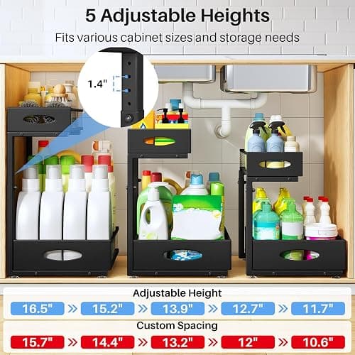 Under Sink Organizer, 2 Pack 2 Tier Pull Out Under Cabinet Organizer Shelf with Pad for Framed Cabinets, Metal Slide Out Under Sink Storage, Mesh Sliding Drawers for Kitchen Bathroom Laundry, Black thumbnail 6
