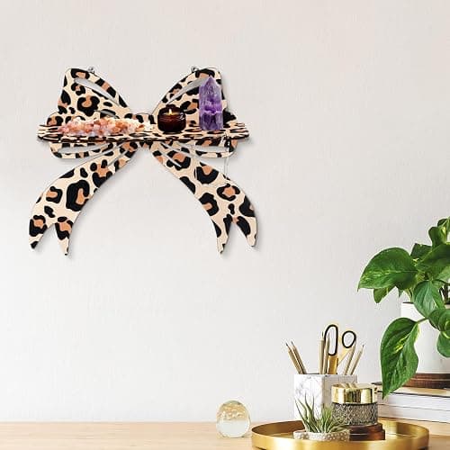 Pinkunn 2 Pcs Leopard Bow Wall Shelves Brown Cheetah Floating Crystal Display Rack with Screws Wooden Decorative Shelves Wall Mount Rustic Home Decor for Crystals Stone Sundries Storage thumbnail 5