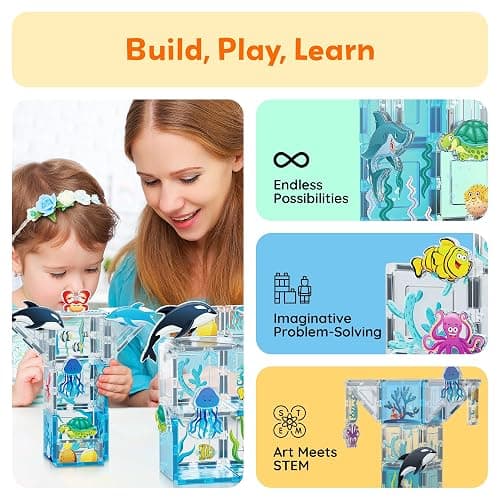 PicassoTiles Magnet Tiles Magnetic Building Blocks Aquarium Marine Animal Theme Set with 8 Character Action Figures Shark Crab Turtle STEM Toys Construction Preschool Toddlers Kids Boys Girls 3+ PTQ15 thumbnail 5