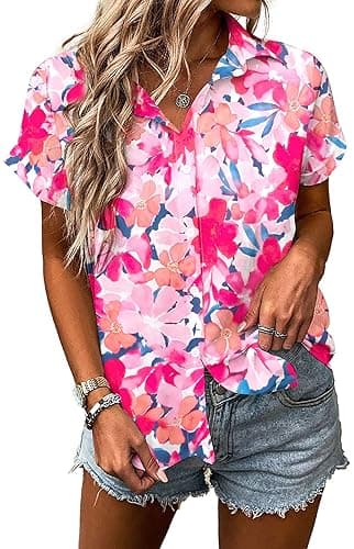 MYHALF Women Hawaiian Shirt Soft Cool Summer Hawaii Shirts Floral Tropic Print V Neck T-Shirt Short Sleeve Button Up Tops - Small - Hawaii Floral 8