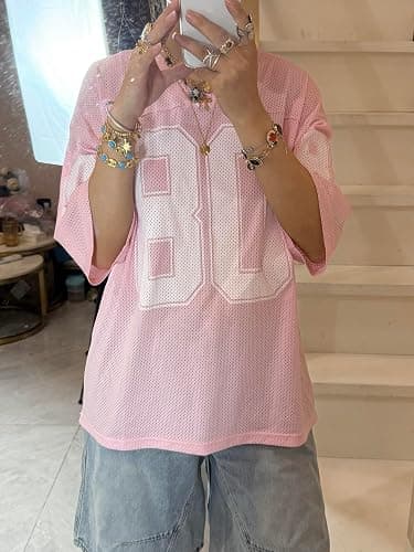 DSORVICD Women Oversized Jersey Shirts Y2k Number Print Graphic Tees V Neck Short Sleeve Baggy T-Shirt Preppy Clothes thumbnail 3