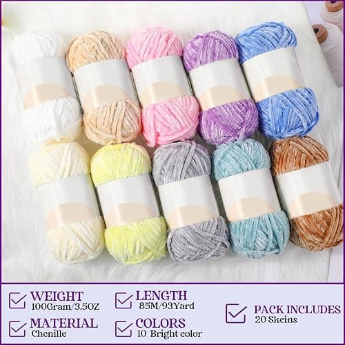 Woanger 20 Skeins Soft Chenille Yarn Velvet Blanket Yarn for Crocheting Hand Knitting Weaving DIY Craft, 10 Colors, 93 Yards Each (Vivid Color) thumbnail 6