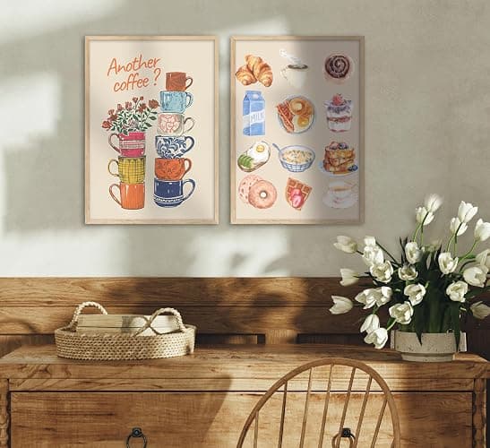Modern Coffee Kitchen Canvas Wall Art Colorful Breakfast Food Croissant Painting Picture Wall Decor Trendy Coffee Cups with Flower Poster Print Artwork for Dining Room Bedroom Dorm Decorate, Unframed thumbnail 6