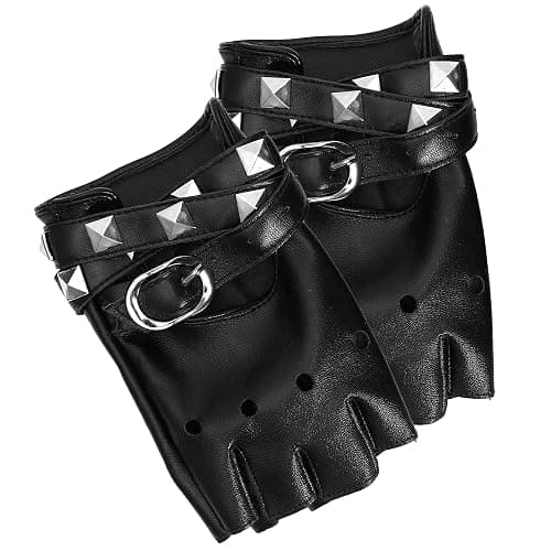 Skeleteen Fingerless Faux Leather Gloves - Black Biker Punk Gloves with Belt Up Closure and Rivet Design for Teens and Kids thumbnail 4