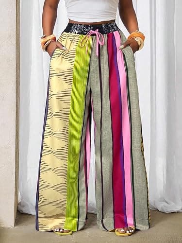 ZAFUL Casual Pants for Women, Color Blocked Loose Oversized Pants Retro Printed Stripe Straight Leg Pant with Pockets thumbnail 8