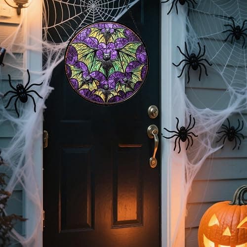 HWRHTR Stained Glass Window Hanging - Halloween Decorations Bats Suncatcher for Doors Garden Indoor Spooky Funny Purple Sun Catchers Gothic Decor Horror Gifts for Women Men Friend 9.8 in thumbnail 6