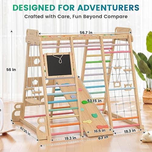 BlueWood Upgraded Indoor Jungle Gym 14-in-1 Playground Kids Climbing Toys | Waldorf Style Wooden Climber Playset with Slide, Swing, Monkey Bars, Upright/Rope Ladder, Climb Net, Colorful thumbnail 2