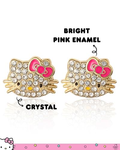 Pave Crystal Hello Kitty Earrings for Women Official License, Gold Tone and Enamel Dangle or Stud Earrings, Sanrio Jewelry thumbnail 4