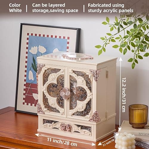 Large Cosmetic Mirror Storage Box with LED Light Cosmetics Organizer Box, Vintage Style Storage Box Dustproof Waterproof Bathroom Counter Storage for Skincare Lipstick Makeup Brushes Gifts(White) thumbnail 2