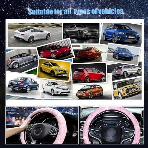SuperKaKa Pink Steering Wheel Cover 2025, Auto Cute Diamond Bling Comfort Leather Girly Car Interior Accessories Protector Sparkly Automotive Decoration for Women Girl Coquette thumbnail 4