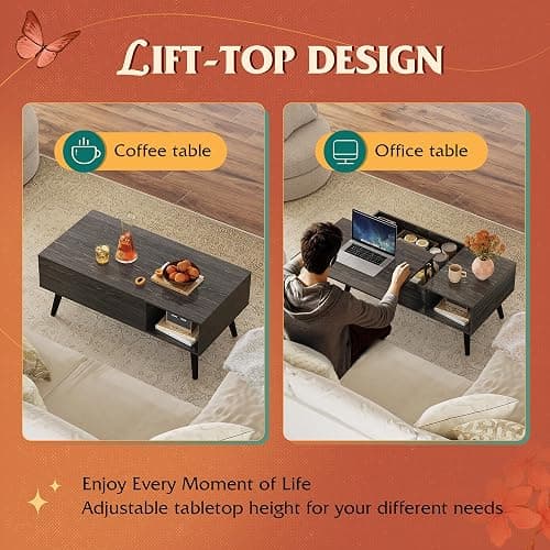 WLIVE Coffee Table for Living Room, Lift Top Coffee Table with Storage, Small Rising Wooden Dining Center Table with Storage Shelf & Hidden Compartment, 39" Black Oak thumbnail 4