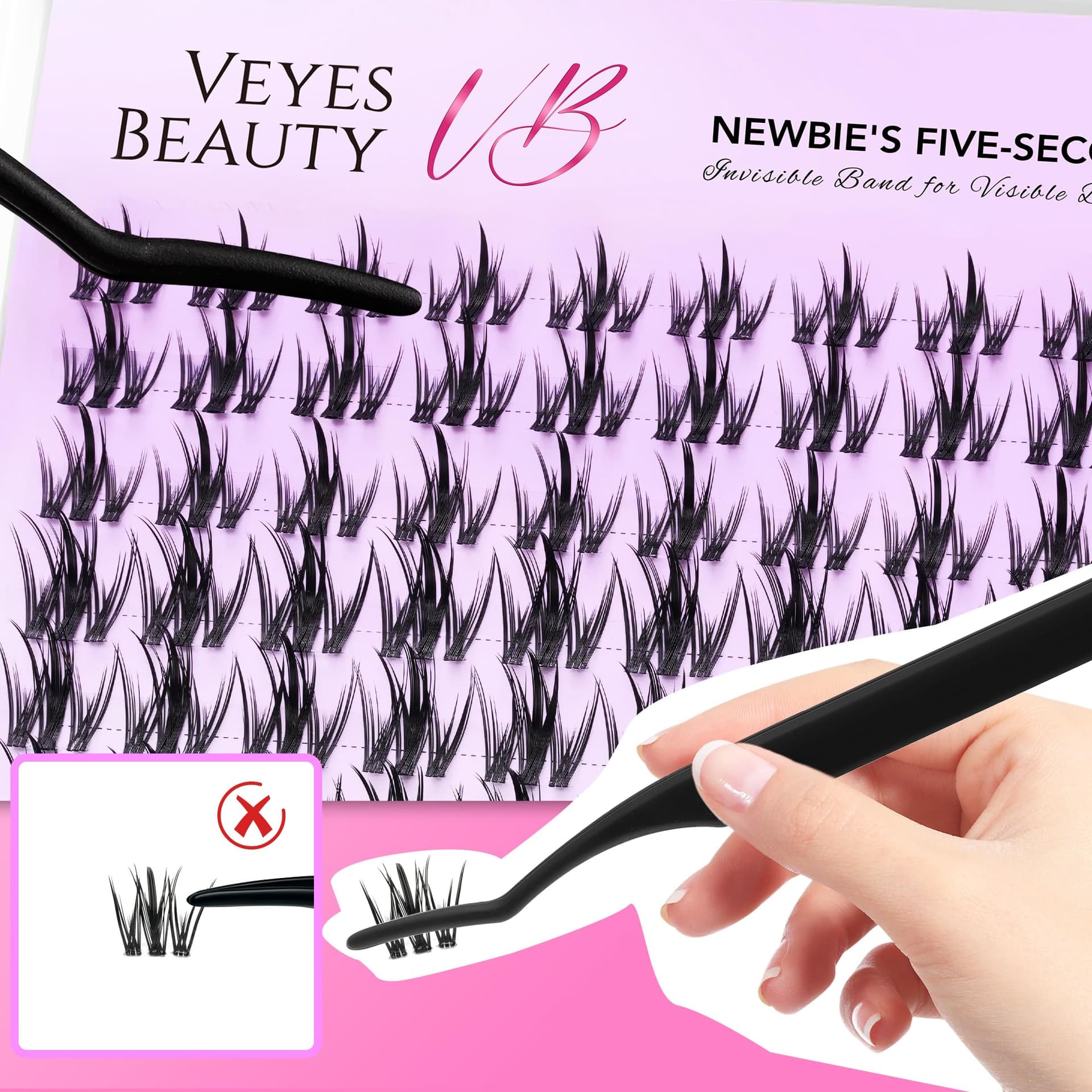 VEYESBEAUTY Lash Clusters Kit Eyelash Extensions Thin & Invisible Band Individual False Eyelashes Newbie's Five-Second Series Wispy Lash Tray for Self-application, Camellia Lashes 8-18mm Mixed Length thumbnail 6