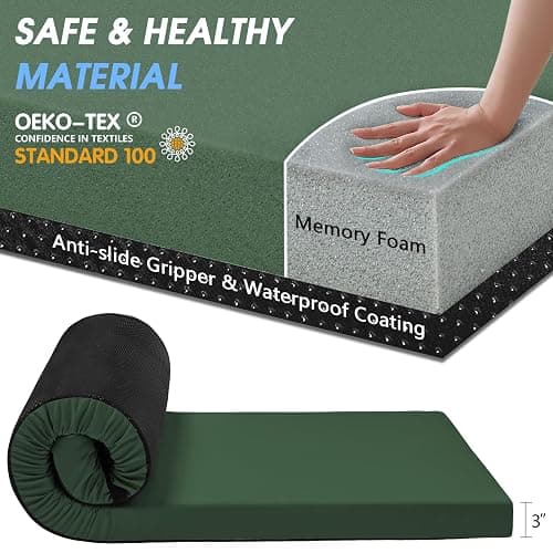 CYMULA Memory Foam Camping Mattress Pad,3inch Sleeping Pad for Camping,Non-Slip Bottom Floor Cot Car Mattress Bed with Retaining Portable Roll up Mattress Pad Mat for Travel Truck Guest Bed Tent thumbnail 6