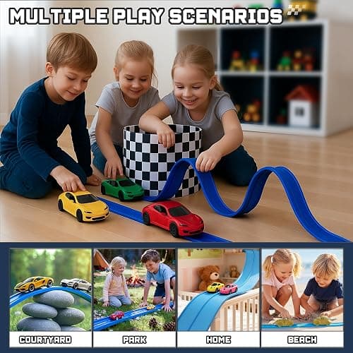 15.75 Ft Flex Track for Kids, Flexible Race Track Compatible with Hot Wheels and Diecast 1/64th Cars, Roll-Up Portable Race Car Ramp Track with Suction Cups & Track Anchors & 4 Race Cars, Blue thumbnail 7