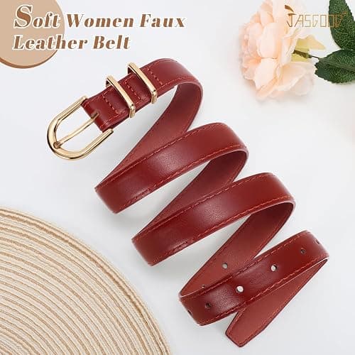 JASGOOD Women Skinny Leather Belt for Jeans Pants Fashion Ladies Thin Belt for Dress with Gold Single Prong Buckle thumbnail 4