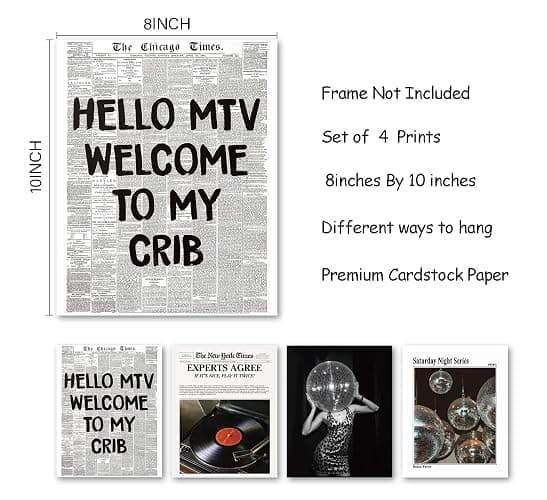 KDHTY Vintage 70s Disco Ball Newspaper Prints Wall Art,Retro Room Cheetah Print Decor,Trendy Black And White Newspaper Wall Art,Record Player Poster for Room Aesthetic,Vintage Decor for College Apartment 8x10 Unframed 4 Pcs thumbnail 6