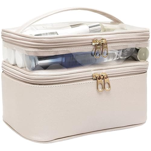 Makeup-Bag,Large Leather Makeup-Organizer for Travel-Accessories Clear-Cosmetic-Bag,Portable Travel Essentials Bag Makeup Case,Make Up Bag Toiletry Bag for Women,College Dorm Room Essentials for Girls - 2-Nude - Image 1