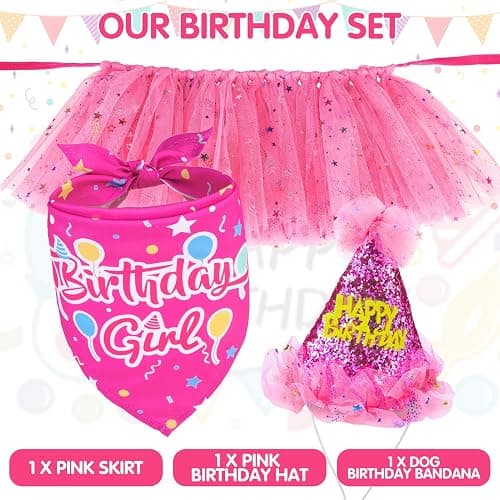 SCENEREAL Dog Birthday Bandana with Hat and Dress Girl Set, Large Dog Birthday Party Supplies, Cute Tutu Skirt Outfit for Medium Big Dogs, Rose Red XL thumbnail 5