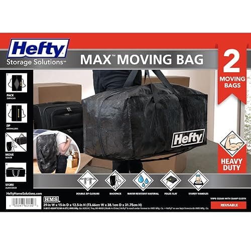 Hefty Moving Bag – Extra Large Double Zipper Backpack – Heavy Duty, Water Resistant, Foldable, Reusable Packing & Storage Tote with Shoulder Straps for Garage and Basement Organization – 2 Pack thumbnail 3