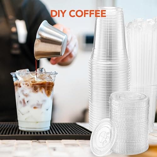 Glotoch Express Plastic Cups with Lids and Straws [100 Sets - 16oz] Disposable Clear Crystal Plastic Coffee Cups with Lids, BPA Free Small To Go Cold Cup for Cold Drinks, Milkshake, Juice, Party thumbnail 8
