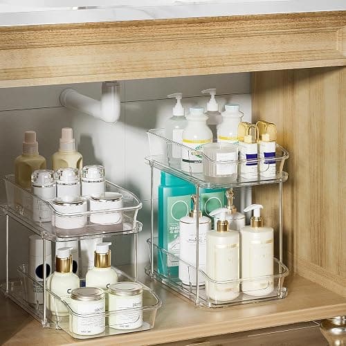 Delamu Bathroom Under Sink Organizers and Storage, 2 Pack, Clear | 2-Tier Multi-Purpose, Stackable, Pull Out Cabinet Kitchen Pantry Organization and Storage with Dividers thumbnail 3
