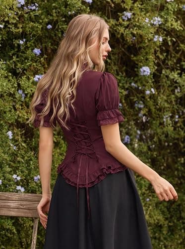 Scarlet Darkness Womens Work Tops Elegant Short Sleeve Victorian Blouse | Ideal for Ren Faire, Pirate Festival, Office, Business, Daily. V Neck, Button Down, Lace Up Back, Lace Patchwork thumbnail 5