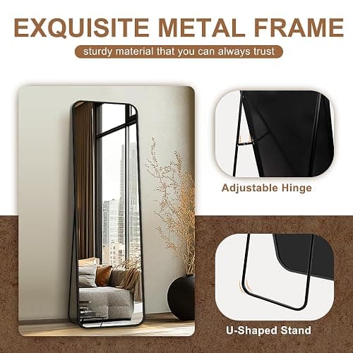 Delma Full Length Mirror, 56"x15" Black | Floor Standing Full Body, Wall Mounted, Freestanding or Leaning, Rounded Corners Rectangle Design thumbnail 6
