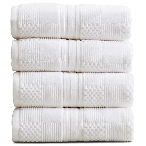 Springtree Home 100% Cotton Bath Towel Set of 4 | White Towels | Geometric Textured Design | Absorbent & Quick-Dry | 4 Bath Towels | Oeko-TEX® Standard 100 Cotton | Myla Collection - White - Image 1