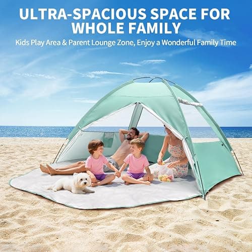 NHOWIN Beach Tent for 3-4 Person, Large Easy Setup Beach Shade Canopy with UPF 50＋ UV Protection, Portable Shade Tent with 3 Ventilating Mesh Windows for Outdoor, Picnics, Fishing thumbnail 6