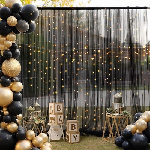 10×10ft Black Tulle Backdrop Curtain with Lights String for Parites, Sheer Photo Backdrop Curtains for Wedding Party Photography Background thumbnail 4