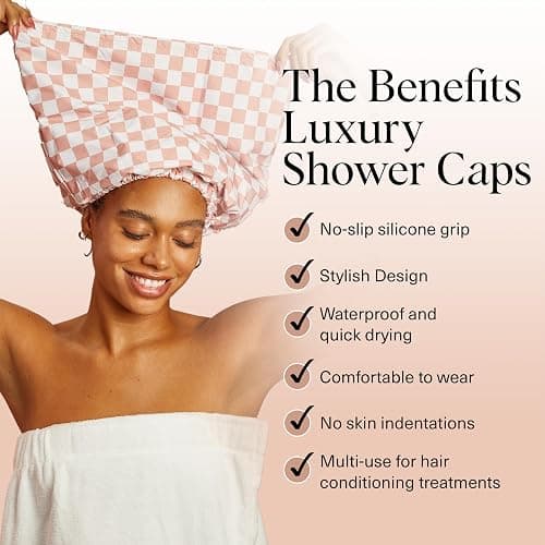 Kitsch Luxury Shower Caps for Women Reusable Waterproof - Flexi Satin Lined, Large Wide Shower Cap for Women & Men, Adjustable, Stylish Hair Cap for Shower, For Long & Short Hair - Terracotta Checker thumbnail 2