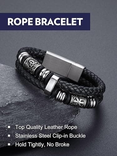 Bandmax Mens Leather Bracelet, Viking Jewellery Black Braided Rope Wristband for Men, Stainless Steel Beaded Double Layer Leather Cord thumbnail 5