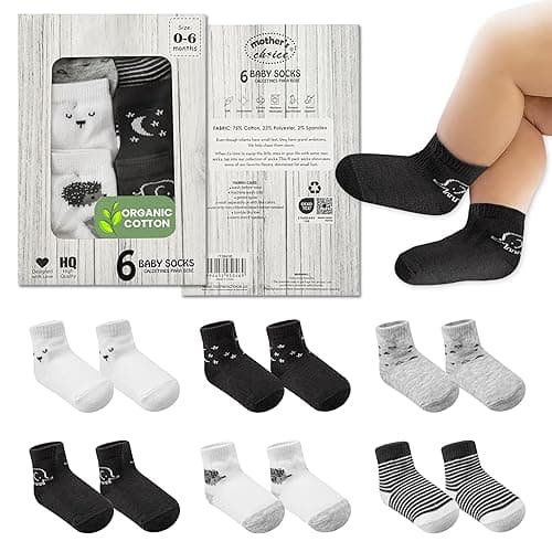 Mother's Choice Organic Cotton Baby Socks, 06 Pairs, Unisex 0-6 Months - Soft, Hypoallergenic Newborn & Infant Socks - Baby Girl & Boy Gifts - 0-6 Months - Black - White - Gray