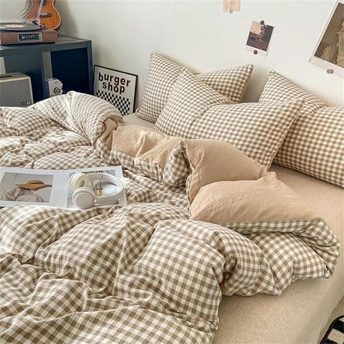 Michorinee Housse de Couette Carreaux Vichy 140x200 Beige Marron - Parure de Lit Adulte 1 Personne en Microfibre - Linge de Lit à Carreaux Réversible avec Taie d'oreiller 65x65 cm thumbnail 2