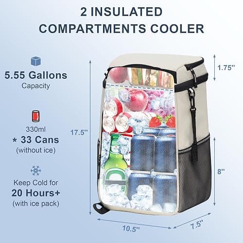 SPARTER Backpack Cooler Insulated Leak Proof 33/49 Cans, 2 Insulated Compartments Thermal Bag, Portable Lightweight Beach Travel Camping Lunch Backpack for Men and Women thumbnail 2
