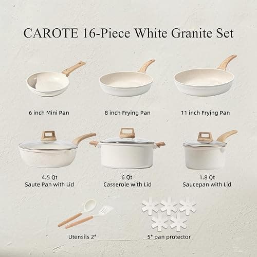 CAROTE 16 Piece Cookware Set, Nonstick Pots and Pans, Induction Cookware Cooking Set with Frying Pans, Saucepans, Saute Pan - Cream White - 16 Piece thumbnail 2