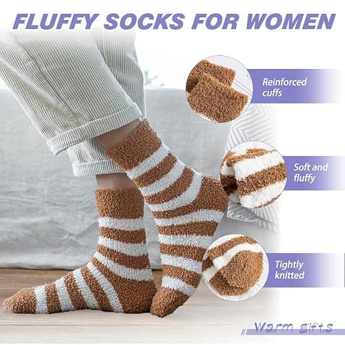KIKAWORD Cozy Soft Fluffy Slipper Socks for Men and Women,8 Pairs Plush Slipper Sock,Winter Sleeping Warm Sock,Cozy Fuzzy Sleep Bed Thermal Stripe Soft Warm Socks thumbnail 2