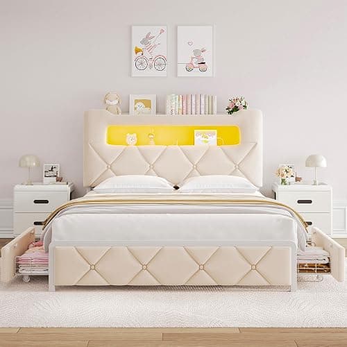 Full Upholstered LED Bed Frame with 2 Storage Drawers and 2-Tier Storage Headboard, Velvet Princess Platform Bed with Charging Station & Bookcase,Heavy Duty Metal Support,No Box Spring Needed,Beige thumbnail 7