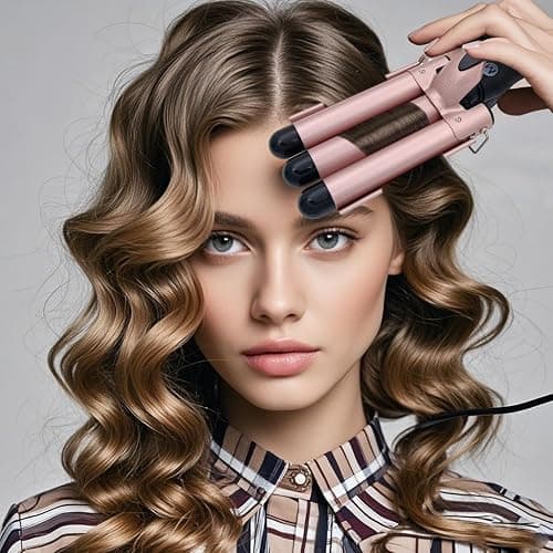 Mistcado 3 Barrel Curling Iron, 1 Inch Ceramic Tourmaline Hair Waver Wand with LCD Temperature Display, Fast Heating Foldable Crimpers for Travel Glove Included (Gold) thumbnail 8