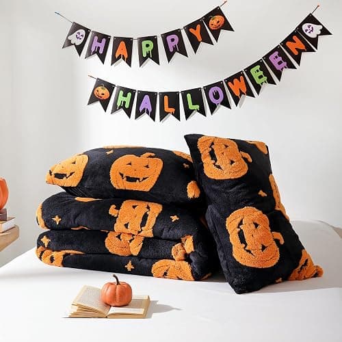 Smoofy Pumpkin Halloween Comforter Set, Fleece Queen Halloween Bedding | Cute Pumpkin Halloween Room Decor, Fluffy 3 Pieces Queen Size Bedding Set (1 Comforter, 2 Pillowcases) thumbnail 6