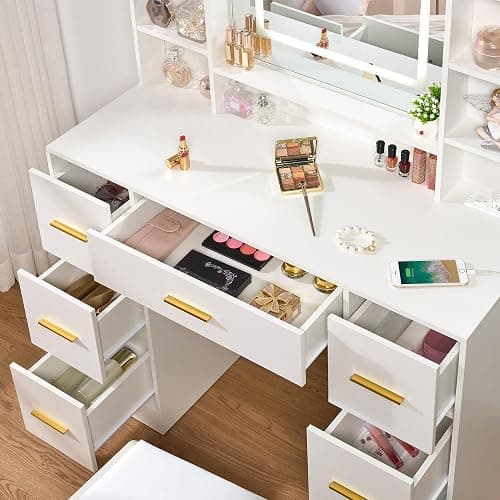 ANWBROAD Vanity Desk Table with Lighted Mirror 39.4“ Girls Makeup Vanity with Power Outlet 3 Colors Lighting Adjustable Brightness Vanity Table for Women Bedroom Dressing Room White UBDT65W thumbnail 4