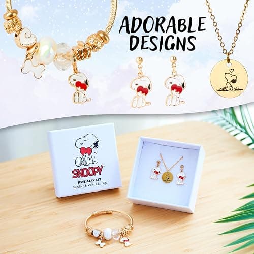 Peanuts Snoopy Jewelry Sets for Teens Women 3 Pcs Set Gold Necklace Earrings Bracelets for Women Snoopy Gifts for Her thumbnail 4