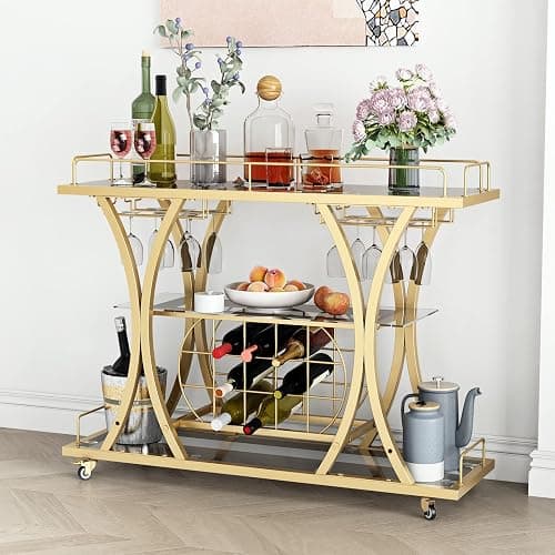 FABOMEI Gold Bar Carts with Glass Holders & Wine Rack,3 Tier Home Bar Serving Carts with Glass Shelves,Metal Rolling Bar Carts for The Home Kitchen, Party - Image 1