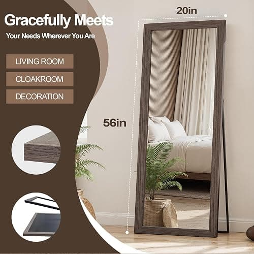 TRAHOME Full Length Wooden Mirror for Wall or Floor, 56"x20" Rustic Farmhouse Solid Wood Frame with Stand, Large Rectangular Wall-Mounted or Leaning Mirror for Bedroom, Living Room, Entryway thumbnail 2