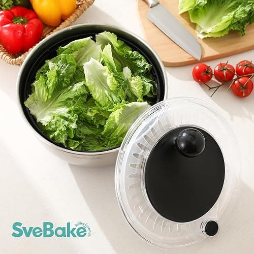 SveBake 5.3Qt Stainless Steel Salad Spinner with Stop Button, BPA-Free Vegetable Lettuce Spinner, Transparent Lid & Drainage Hole, Non-Slip Base, Dishwasher Safe Fruit Washer thumbnail 2