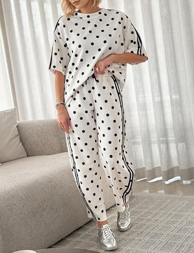 calbatic Women Polka Dot 2 Piece Lounge Set Short Sleeve T Shirt Side Striped Barrel Pants Travel Airport Outfits thumbnail 2