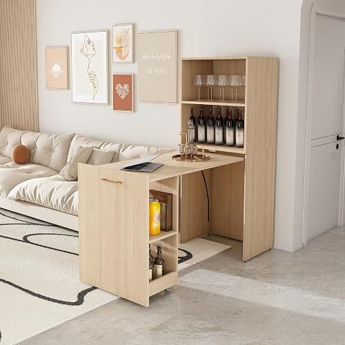 Folding Computer Desk with Wheels,Hideaway Desk with Storage Shelves, Murphy Desk for Small Apartments and Offices - Image 1