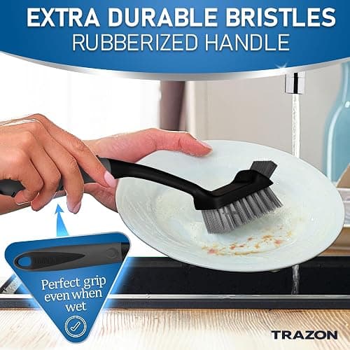 Dish Brush Set of 5 with Holder - Kitchen Scrub Brushes with Non-Slip Long Handle for Cleaning, Scrubber, Dishwashing, Dishes, Bottles, Straws, Cups, Pots & Sink, Black thumbnail 6